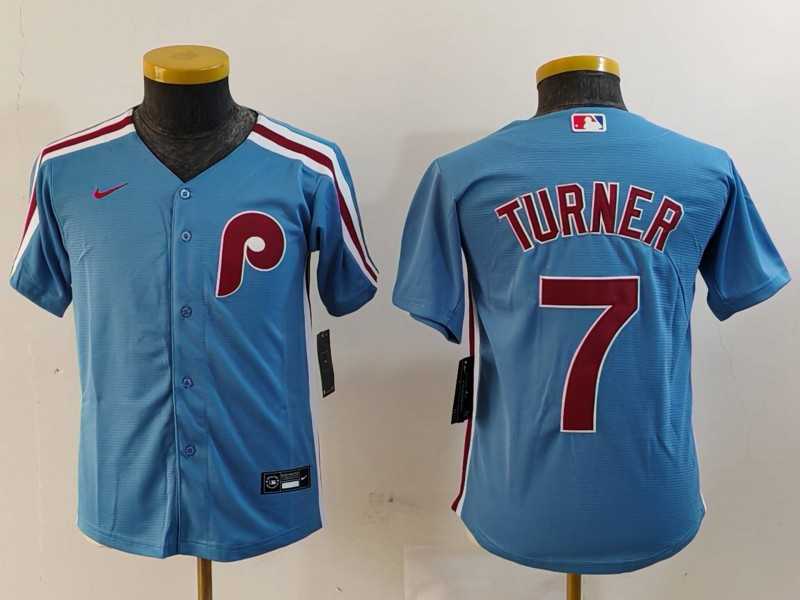 Youth Philadelphia Phillies #7 Trea Turner Light Blue Cooperstown Cool Base Jersey->mlb youth jerseys->MLB Jersey